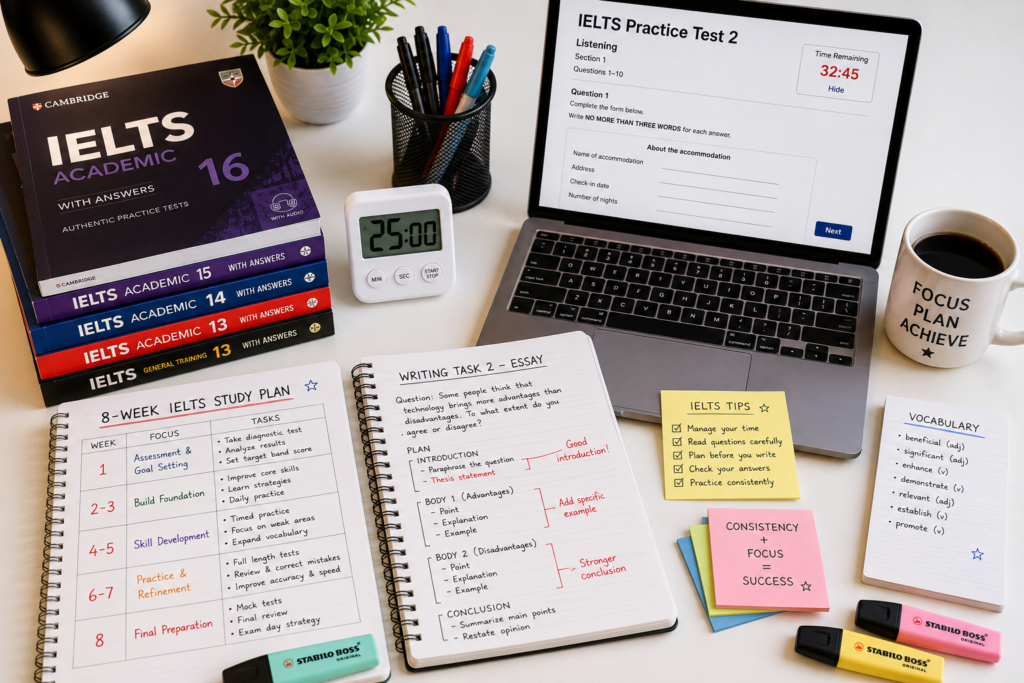 Student doing IELTS preparation 2026 with practice books and study materials