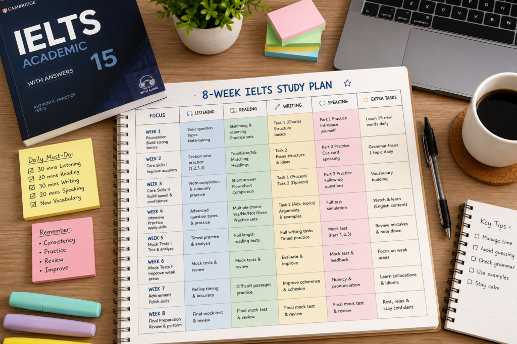 8 week IELTS preparation 2026 study plan for international students