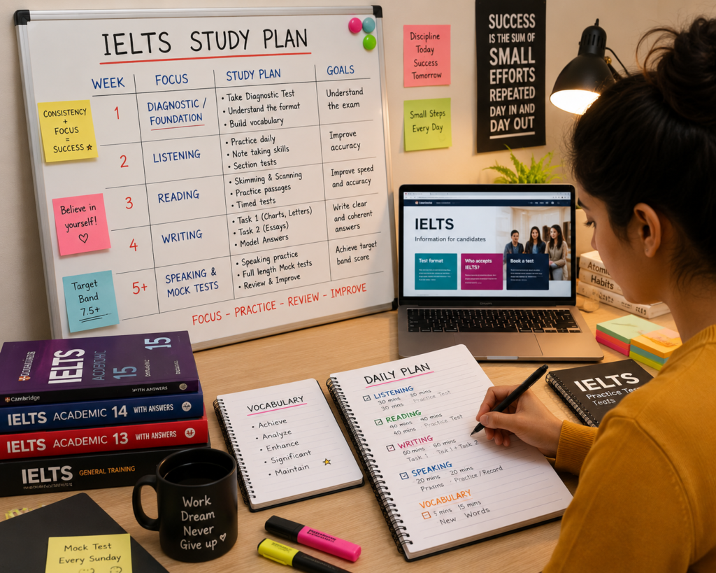 Student following IELTS preparation 2026 strategy with study plan and practice materials